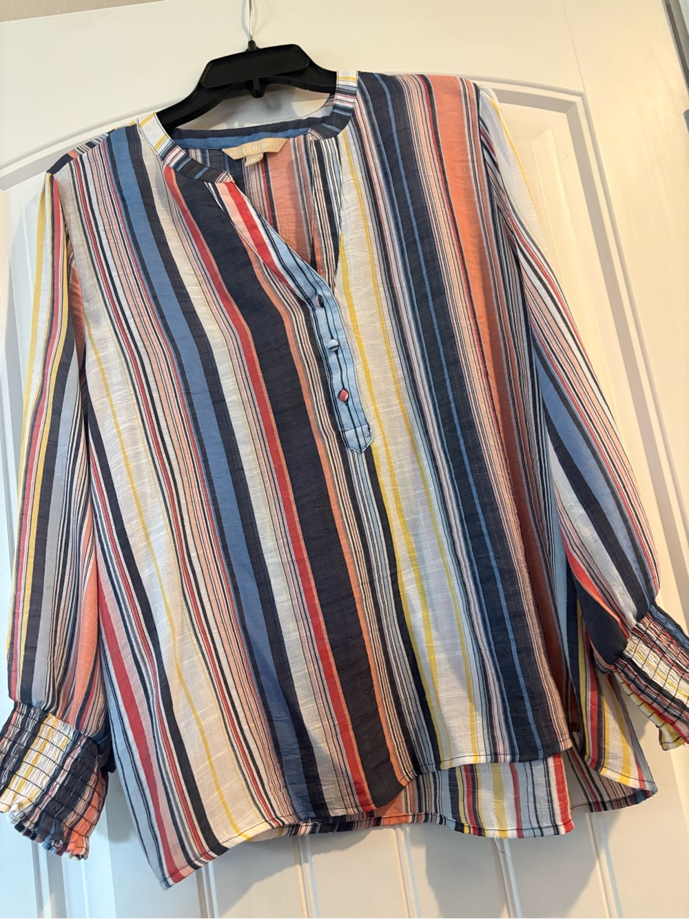Women’s Multi-Stripe Long Sleeve Blouse — Blue and Coral